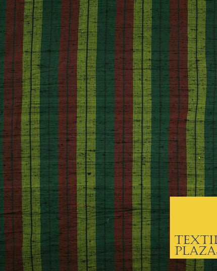 Black Olive Green Maroon Check Stripe Woven 100% PURE Dupion Raw Silk Fabric2485