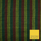 Black Olive Green Maroon Check Stripe Woven 100% PURE Dupion Raw Silk Fabric2485