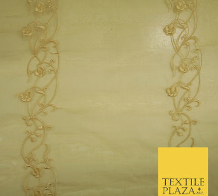 Luxury Ivory Gold Self Floral Stripe Embroidered 100% PURE SILK ORGANZA Fabric