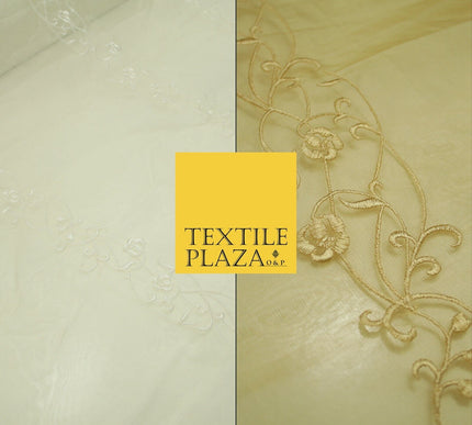 Luxury Ivory Gold Self Floral Stripe Embroidered 100% PURE SILK ORGANZA Fabric