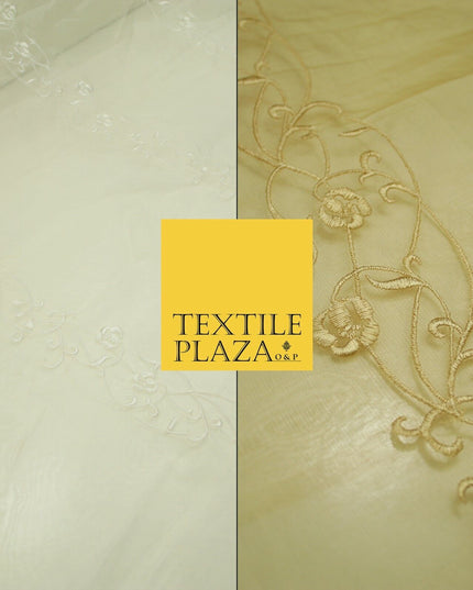 Luxury Ivory Gold Self Floral Stripe Embroidered 100% PURE SILK ORGANZA Fabric