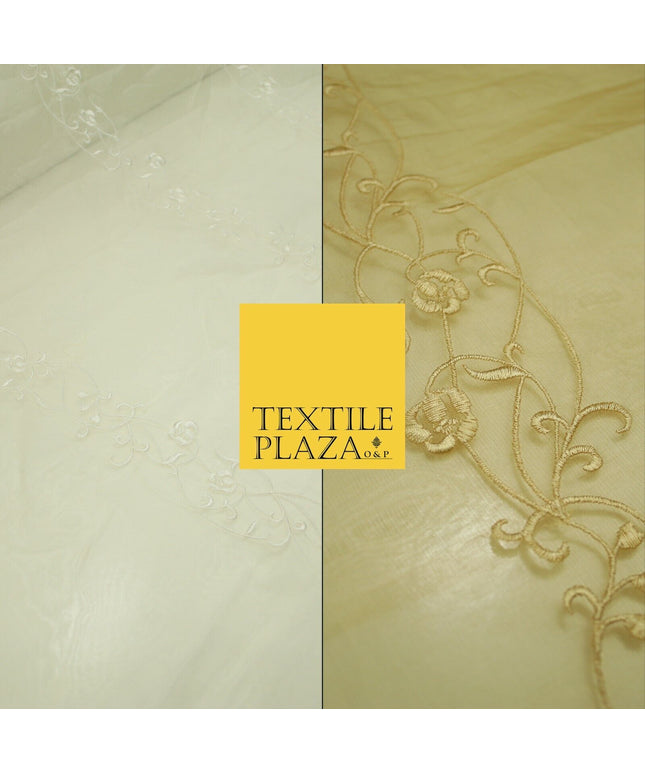 Luxury Ivory Gold Self Floral Stripe Embroidered 100% PURE SILK ORGANZA Fabric