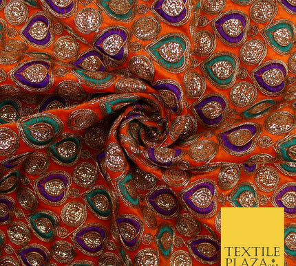 Ornate Leaf Design Embroidered Faux Taffeta Silk Dress Fabric Upholstery 42"