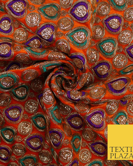 Ornate Leaf Design Embroidered Faux Taffeta Silk Dress Fabric Upholstery 42"