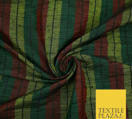 Black Olive Green Maroon Check Stripe Woven 100% PURE Dupion Raw Silk Fabric2485
