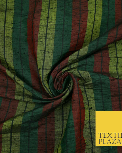 Black Olive Green Maroon Check Stripe Woven 100% PURE Dupion Raw Silk Fabric2485