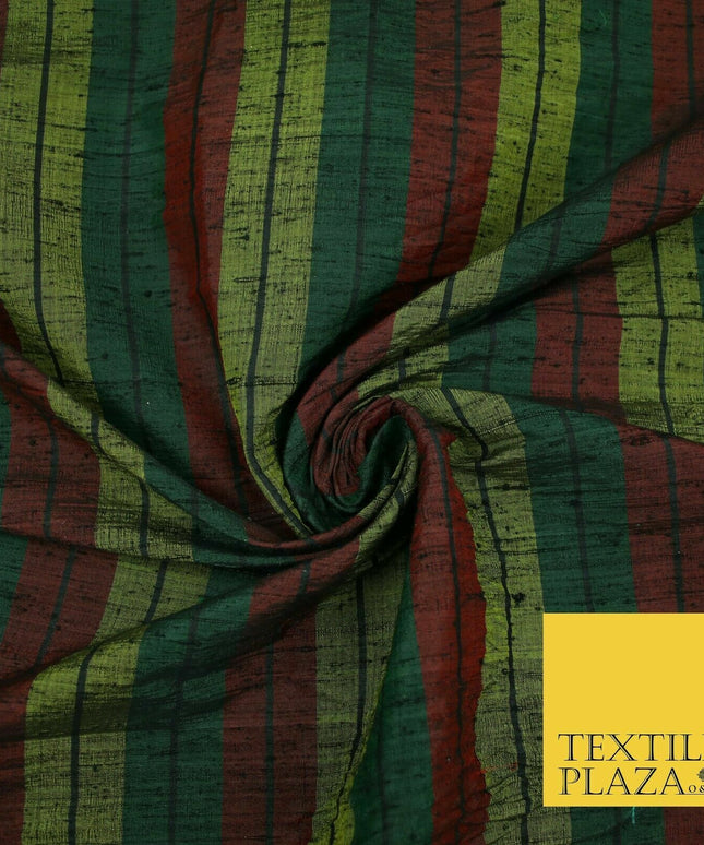 Black Olive Green Maroon Check Stripe Woven 100% PURE Dupion Raw Silk Fabric2485