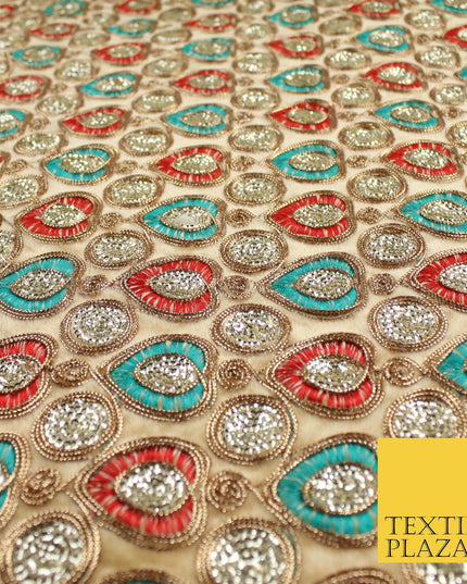 Ornate Leaf Design Embroidered Faux Taffeta Silk Dress Fabric Upholstery 42"