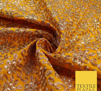 Gold Flower Design Embroidered Faux Taffeta Silk Dress Fabric Upholstery 42"