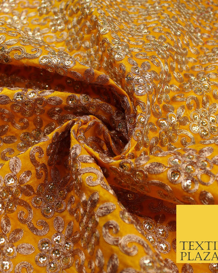 Gold Flower Design Embroidered Faux Taffeta Silk Dress Fabric Upholstery 42"