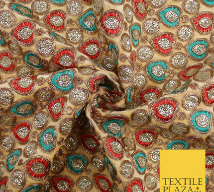 Ornate Leaf Design Embroidered Faux Taffeta Silk Dress Fabric Upholstery 42"