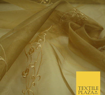 Luxury Ivory Gold Self Floral Stripe Embroidered 100% PURE SILK ORGANZA Fabric