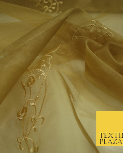 Luxury Ivory Gold Self Floral Stripe Embroidered 100% PURE SILK ORGANZA Fabric