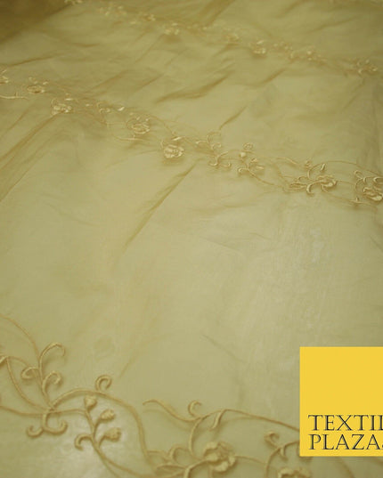 Luxury Ivory Gold Self Floral Stripe Embroidered 100% PURE SILK ORGANZA Fabric