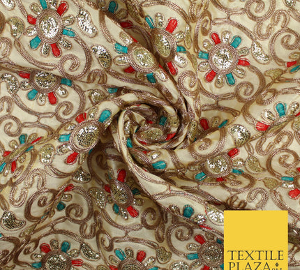 Flower Swirl Design Embroidered Faux Taffeta Silk Dress Fabric Upholstery 42"