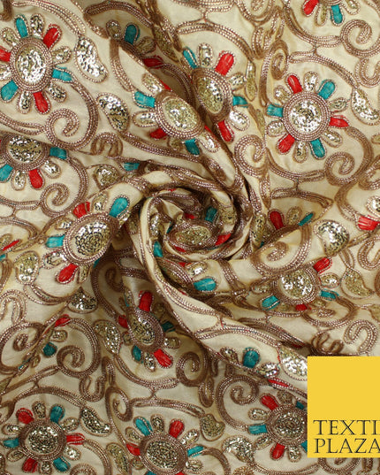 Flower Swirl Design Embroidered Faux Taffeta Silk Dress Fabric Upholstery 42"