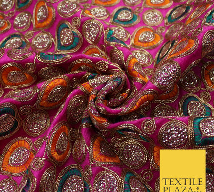 Ornate Leaf Design Embroidered Faux Taffeta Silk Dress Fabric Upholstery 42"