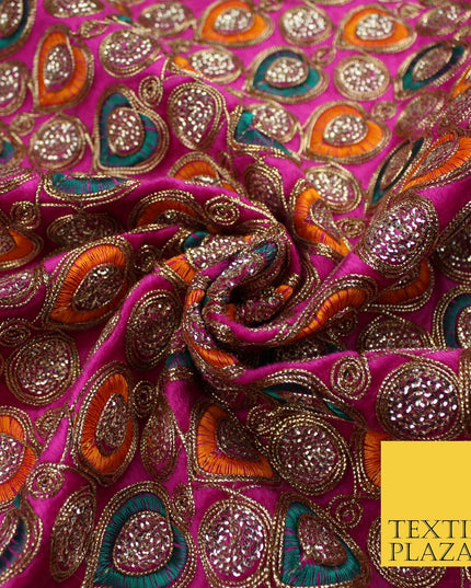 Ornate Leaf Design Embroidered Faux Taffeta Silk Dress Fabric Upholstery 42"