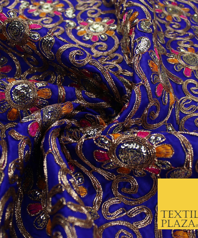 Flower Swirl Design Embroidered Faux Taffeta Silk Dress Fabric Upholstery 42"