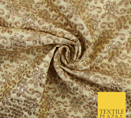 Gold Flower Design Embroidered Faux Taffeta Silk Dress Fabric Upholstery 42"