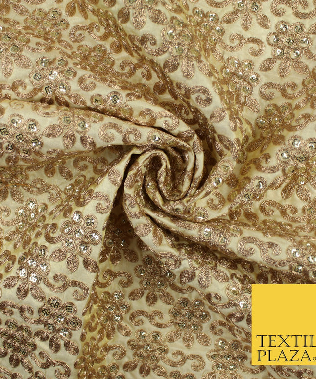 Gold Flower Design Embroidered Faux Taffeta Silk Dress Fabric Upholstery 42"