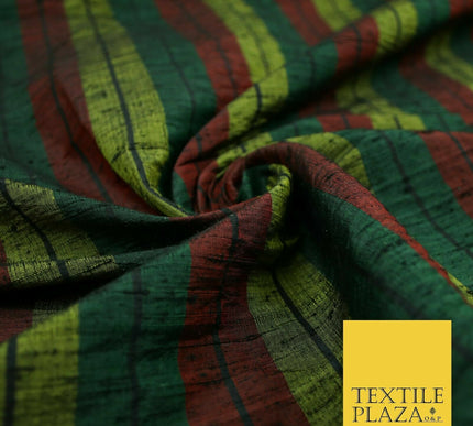 Black Olive Green Maroon Check Stripe Woven 100% PURE Dupion Raw Silk Fabric2485