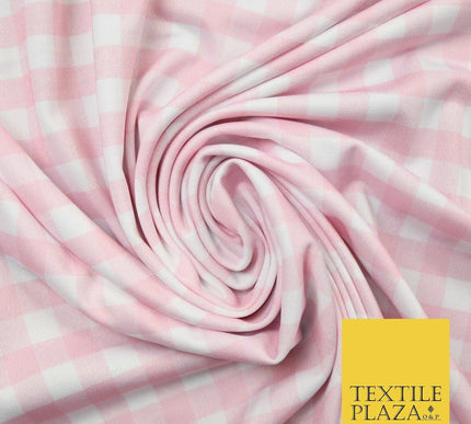 Premium Baby Pink White Gingham Check Printed Scuba Jersey Fabric Craft 57" 4423