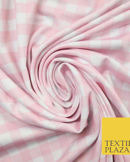 Premium Baby Pink White Gingham Check Printed Scuba Jersey Fabric Craft 57" 4423