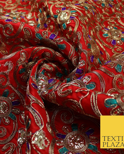 Flower Swirl Design Embroidered Faux Taffeta Silk Dress Fabric Upholstery 42"