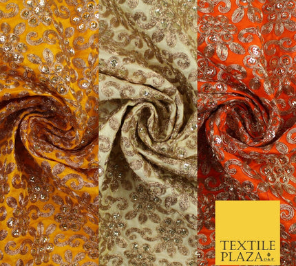 Gold Flower Design Embroidered Faux Taffeta Silk Dress Fabric Upholstery 42"