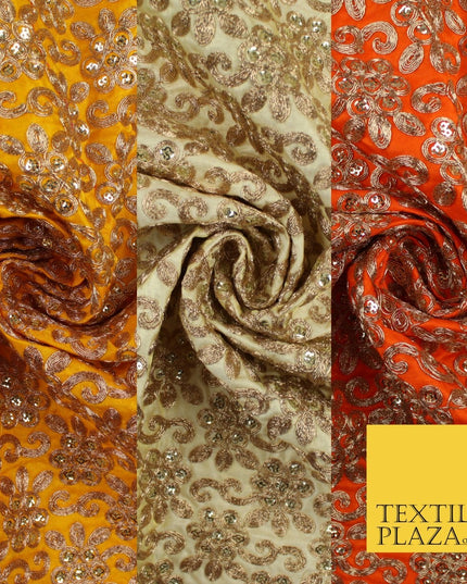 Gold Flower Design Embroidered Faux Taffeta Silk Dress Fabric Upholstery 42"