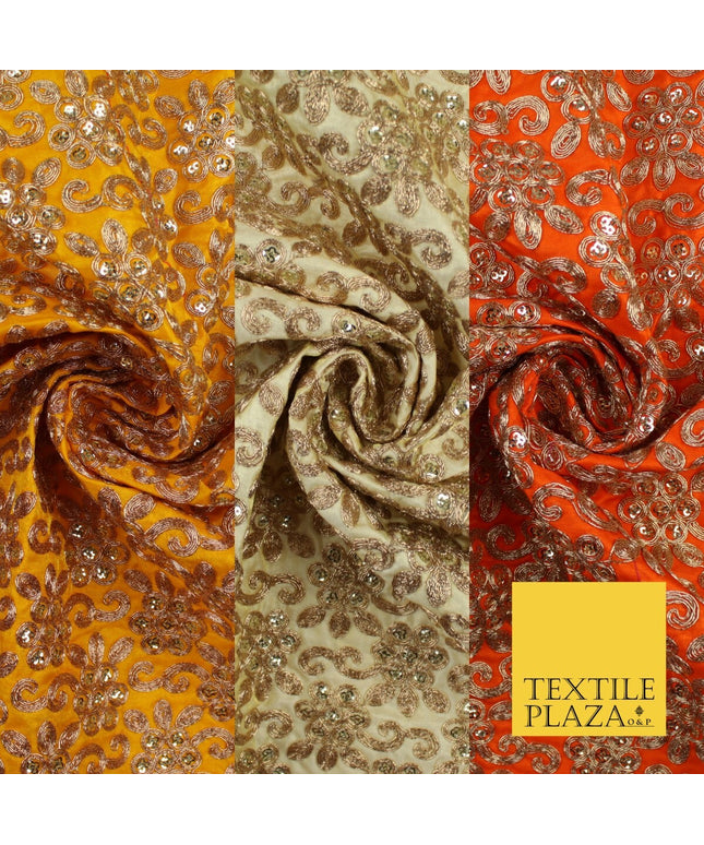 Gold Flower Design Embroidered Faux Taffeta Silk Dress Fabric Upholstery 42"