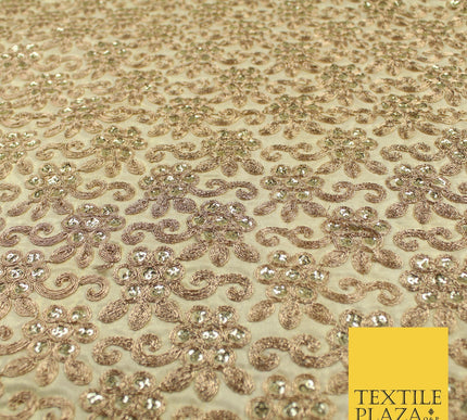 Gold Flower Design Embroidered Faux Taffeta Silk Dress Fabric Upholstery 42"