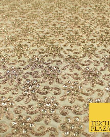 Gold Flower Design Embroidered Faux Taffeta Silk Dress Fabric Upholstery 42"