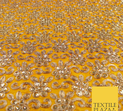 Gold Flower Design Embroidered Faux Taffeta Silk Dress Fabric Upholstery 42"