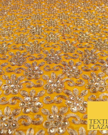 Gold Flower Design Embroidered Faux Taffeta Silk Dress Fabric Upholstery 42"