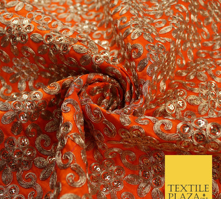 Gold Flower Design Embroidered Faux Taffeta Silk Dress Fabric Upholstery 42"