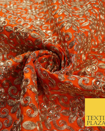 Gold Flower Design Embroidered Faux Taffeta Silk Dress Fabric Upholstery 42"