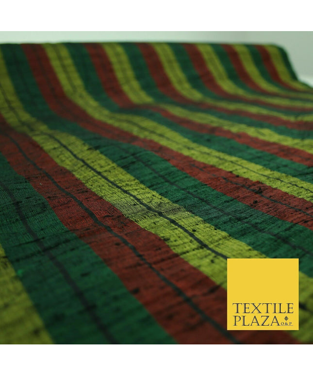 Black Olive Green Maroon Check Stripe Woven 100% PURE Dupion Raw Silk Fabric2485