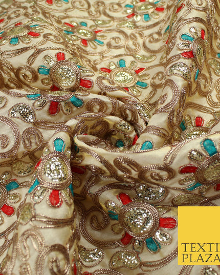 Flower Swirl Design Embroidered Faux Taffeta Silk Dress Fabric Upholstery 42"