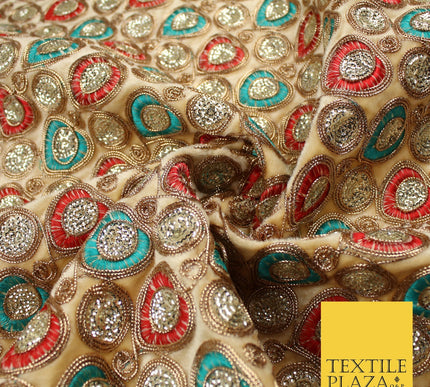 Ornate Leaf Design Embroidered Faux Taffeta Silk Dress Fabric Upholstery 42"