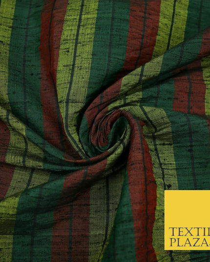 Black Olive Green Maroon Check Stripe Woven 100% PURE Dupion Raw Silk Fabric2485
