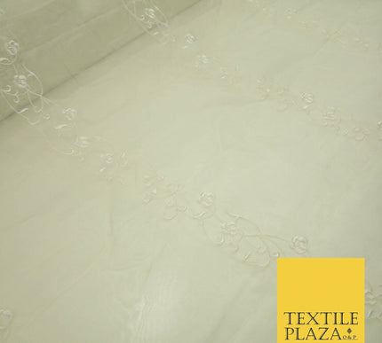 Luxury Ivory Gold Self Floral Stripe Embroidered 100% PURE SILK ORGANZA Fabric