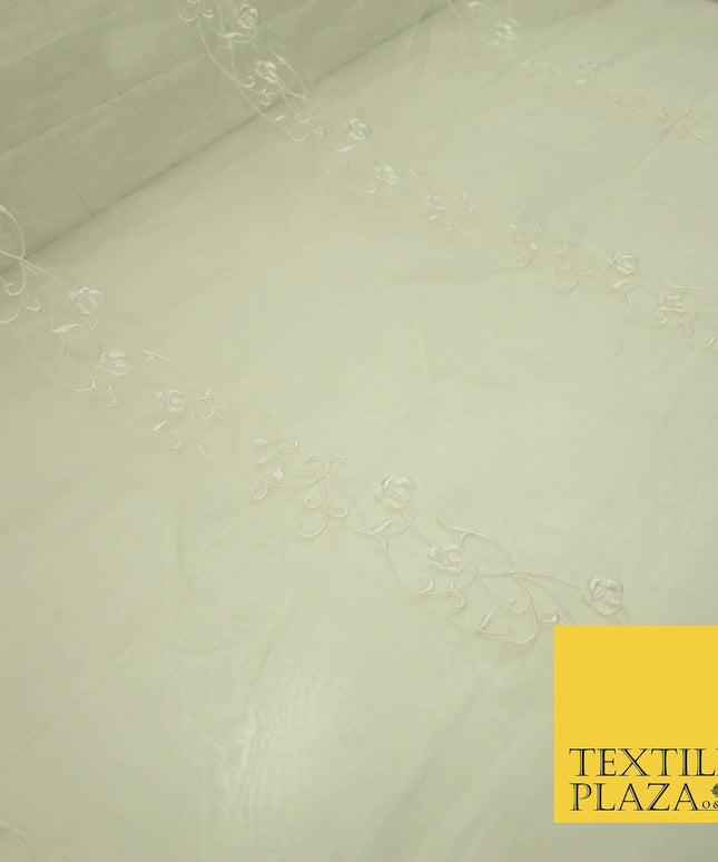 Luxury Ivory Gold Self Floral Stripe Embroidered 100% PURE SILK ORGANZA Fabric