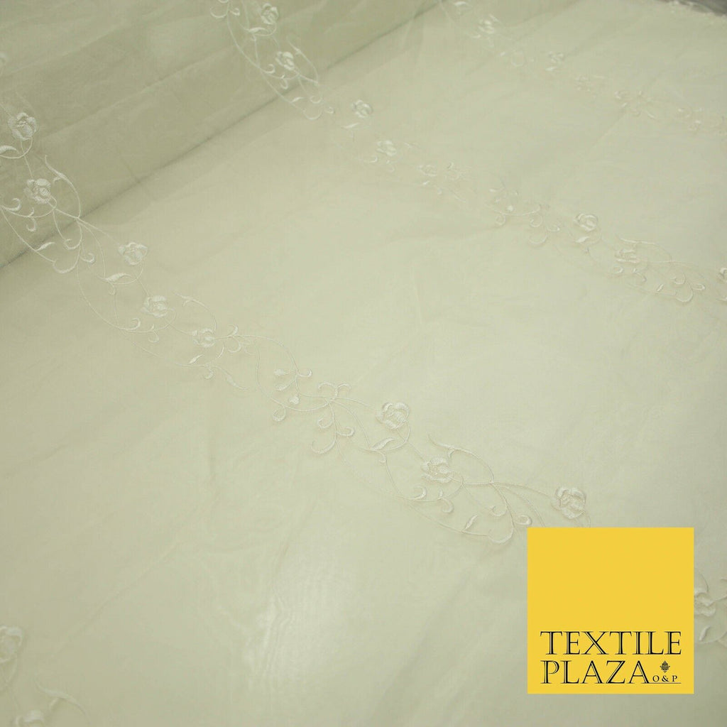 Luxury Ivory Gold Self Floral Stripe Embroidered 100% PURE SILK ORGANZA Fabric