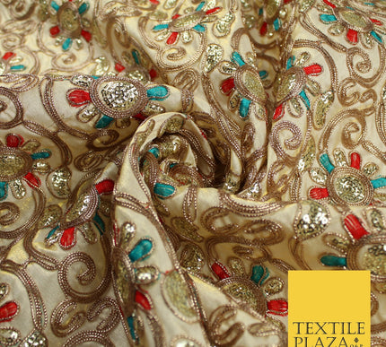 Flower Swirl Design Embroidered Faux Taffeta Silk Dress Fabric Upholstery 42"