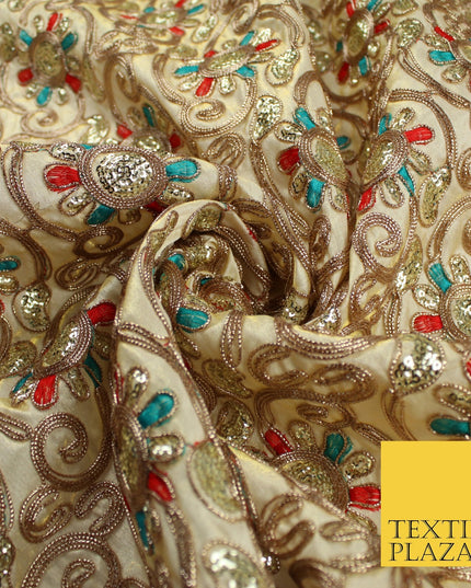 Flower Swirl Design Embroidered Faux Taffeta Silk Dress Fabric Upholstery 42"