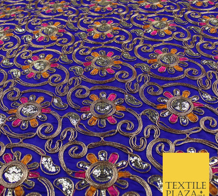 Flower Swirl Design Embroidered Faux Taffeta Silk Dress Fabric Upholstery 42"