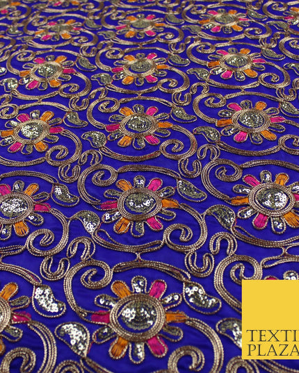 Flower Swirl Design Embroidered Faux Taffeta Silk Dress Fabric Upholstery 42"