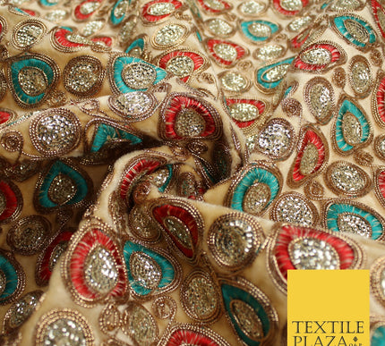 Ornate Leaf Design Embroidered Faux Taffeta Silk Dress Fabric Upholstery 42"